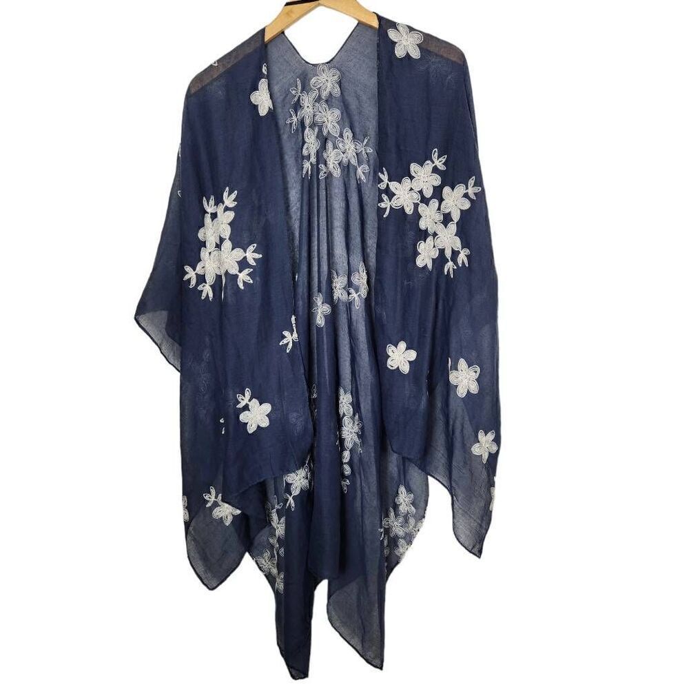 Beautiful blue white floral embroidered wrap cardigan shawl linen